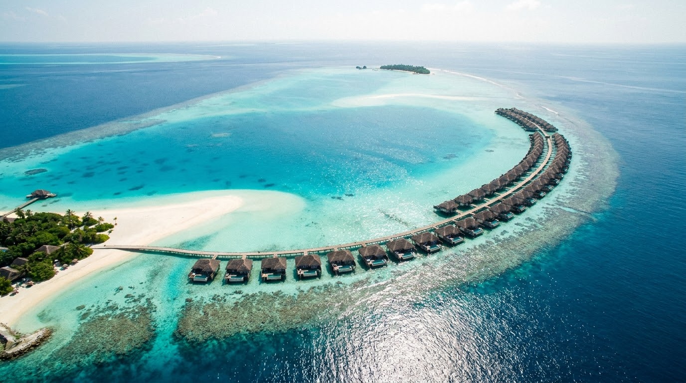 Aerial view of a Maldives atoll with overwater villas